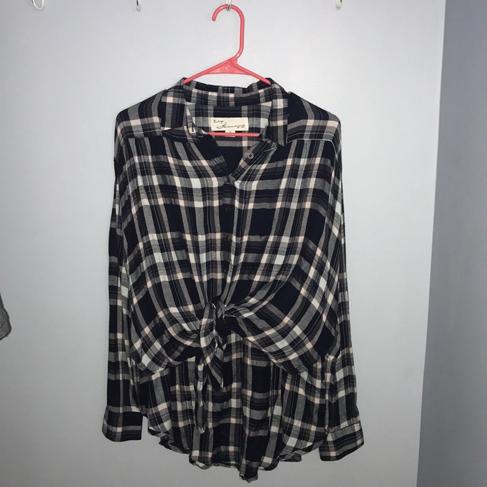 Navy, light pink and white tie front flannel